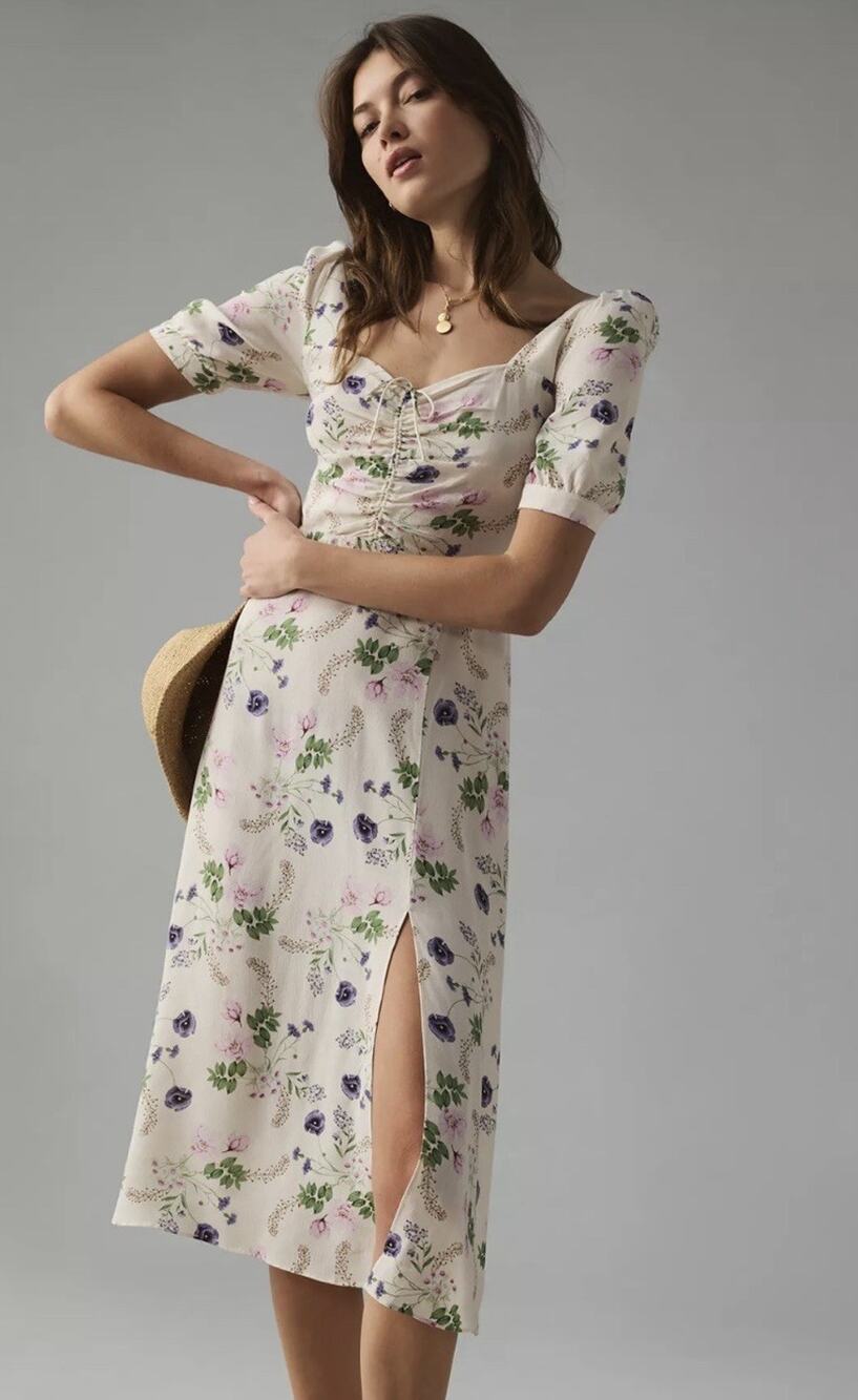 Favorite Daughter Dress “The Vineyard” Floral Print Midi Size 8 Puff Sleeve